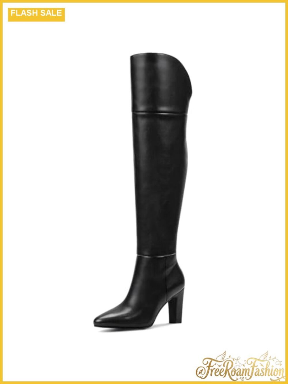 Faux Leather Thigh High Boots Pointed Toe Chunky Heel Over the Knee
